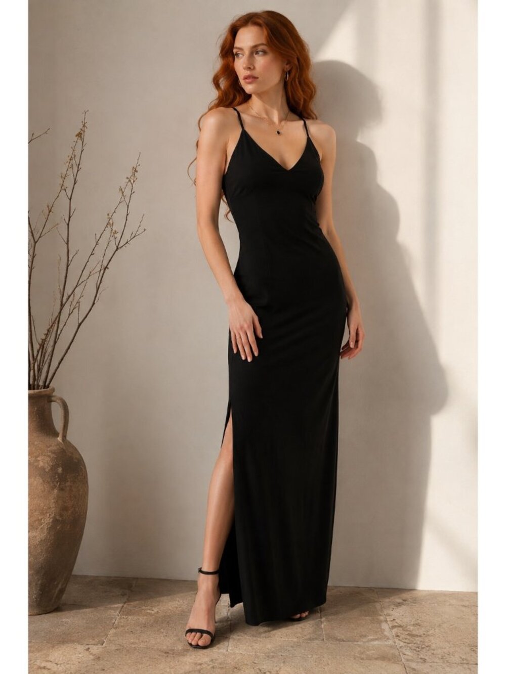 NEMO Made in Italy Y2K Black Maxi Dress Side Slit Cutout Back Minimalist XS
